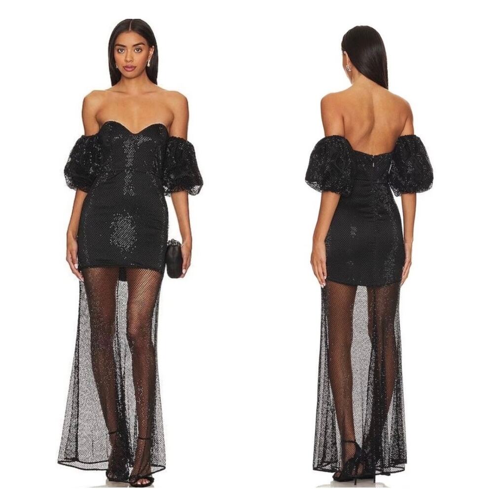 House of Harlow Embellished Crochet Sulima Evening Gown In Black Size S NWT